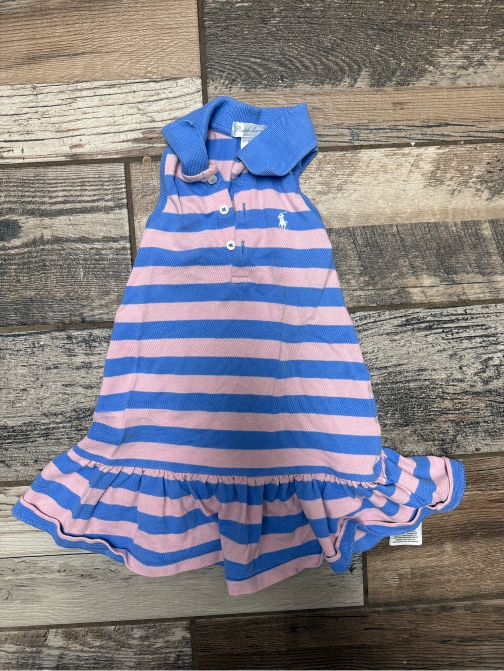 Ralph Lauren Pink and Blue Striped Polo Ruffle Hem Dress